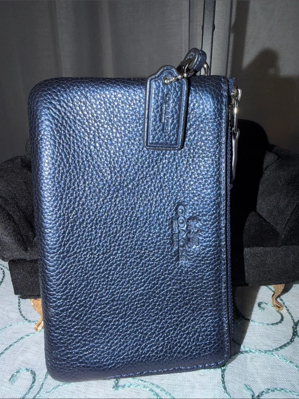 Coach Double Zip Navy Metallic Pebbled Leather Wristlet